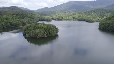 lago morris con aguas tranquilas y vegetación exuberante en el rango de cordero, región de cairns, queensland, australia - toma aérea de drones