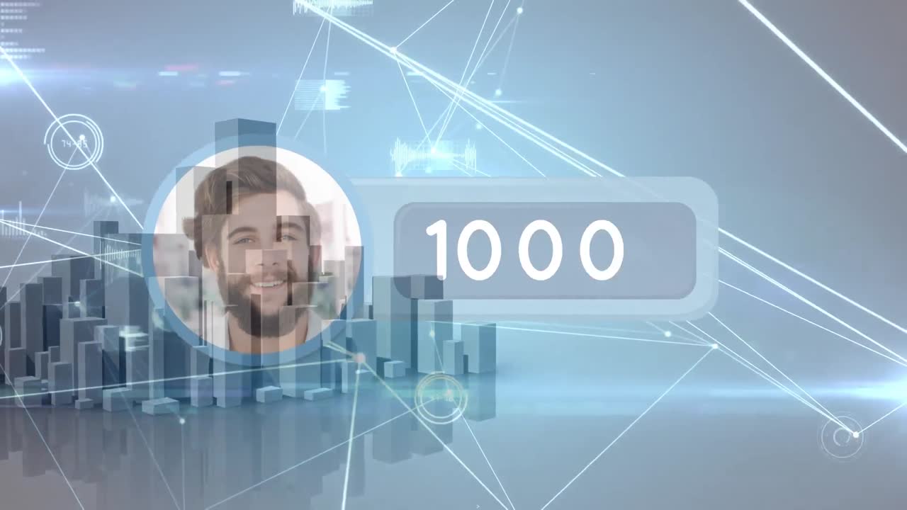 사무실 건물 위의 소셜 미디어 반응과 연결 네트워크의 애니메이션