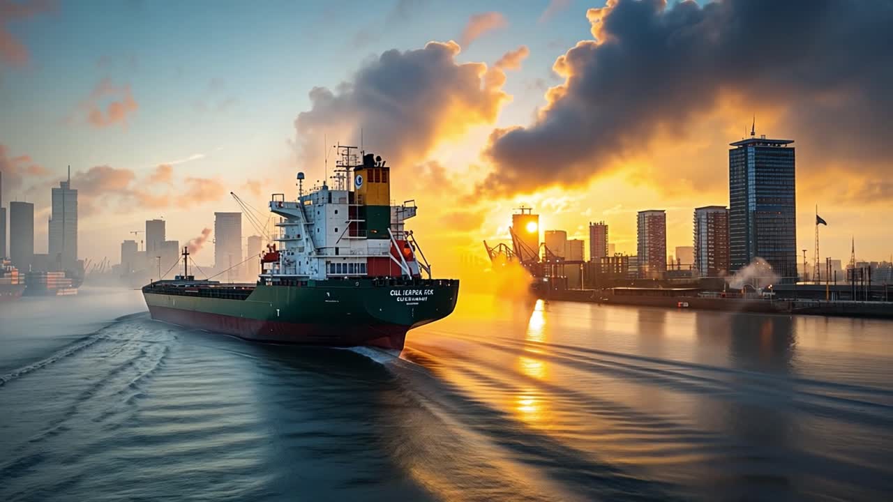 Cargo Ship Navigating a City Waterway at Sunset