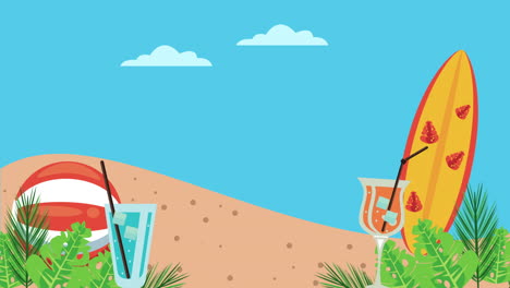 temporada de vacaciones de verano con tabla de surf y bebidas tropicales en la playa