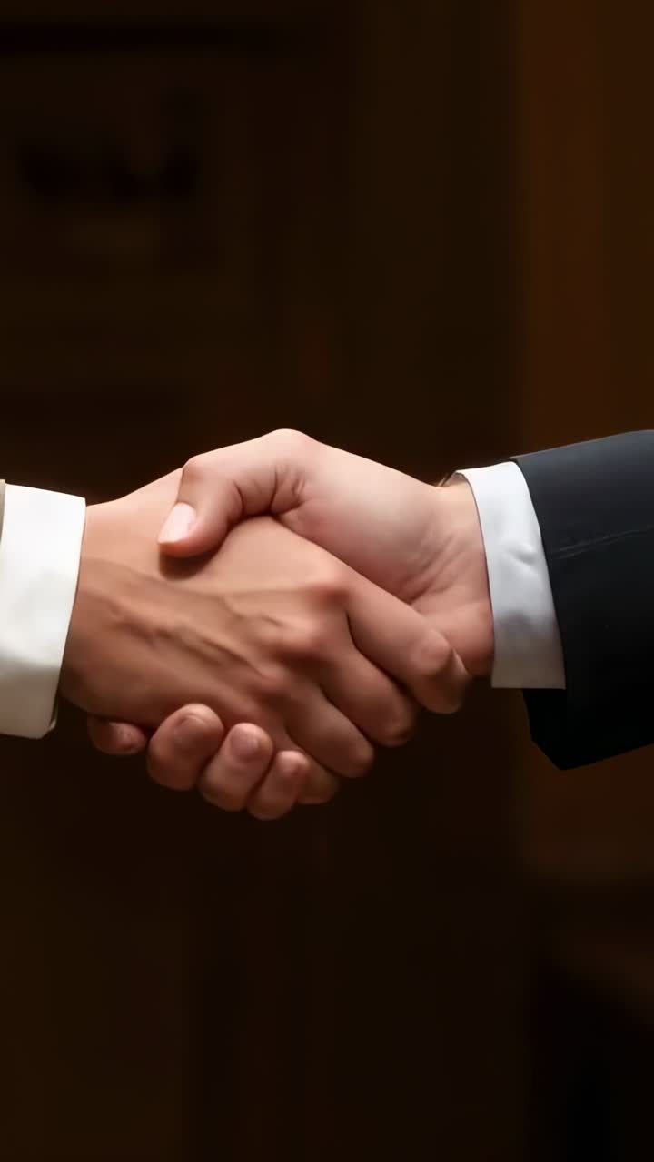 Vertical video: Shaking two professionals' hands after agreement in meeting, with suits and wood