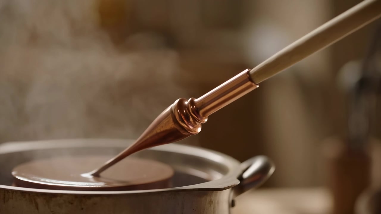Strumento con manico in legno e ghiera in rame lucido preme in un liquido lucido marrone cioccolato all'interno di una pentola di metallo poco profonda e usurata, sollevando la tensione superficiale e inviando increspature concentriche attraverso il ricco