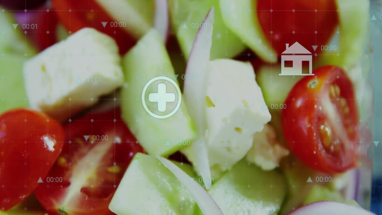 Starter med en take-away salatbeholder og falmende dataikoner som ligger over et rutenett og tidsstempler