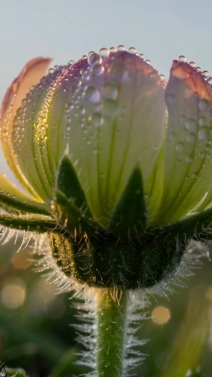 Video verticale: Luce calda dell'alba che spinge un bocciolo verde peloso ad aprirsi sull'erba, goccioline di rugiada.