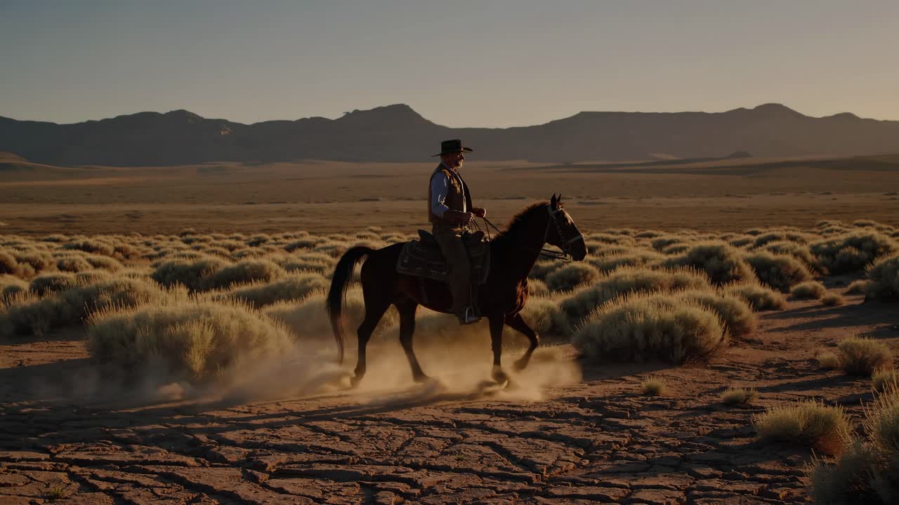 A cinematic video still of a cowboy on horseback in a desert landscape at sunset