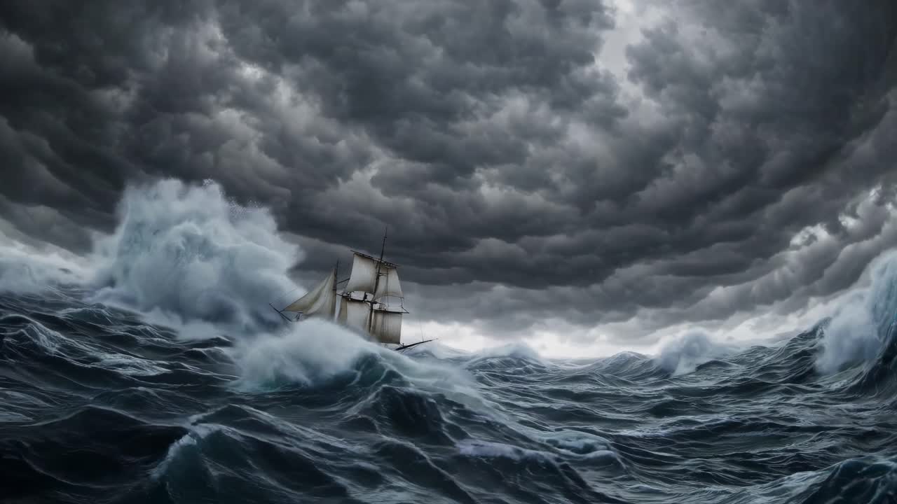 Dramatisk videoscene av et skip som kjemper mot stormfullt hav, filmet fra lav vinkel