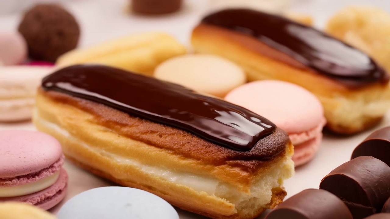 A vista se abre de um detalhe próximo de cobertura de chocolate brilhante e recheio cremoso para uma exibição mais ampla de sobremesas com macarons rosa, azuis e creme, doces e chocolates arredondados