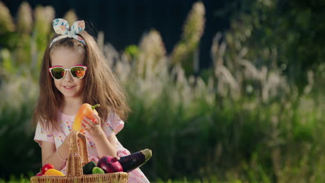 A-cute-child-is-sitting-on-the-lawn-near-a-basket-of-vegetables.-Picnic-concept