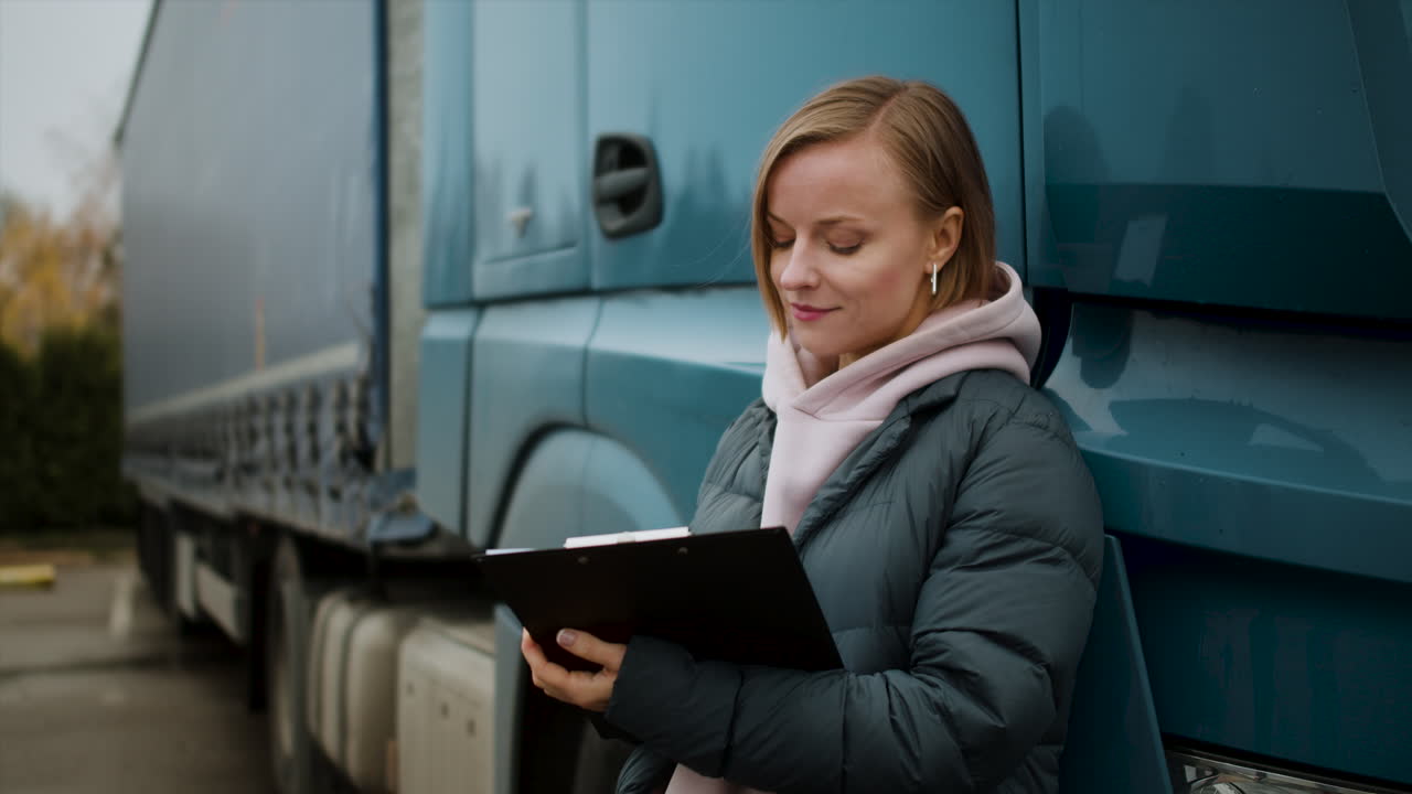 водитель грузовика пишет на бумаге.