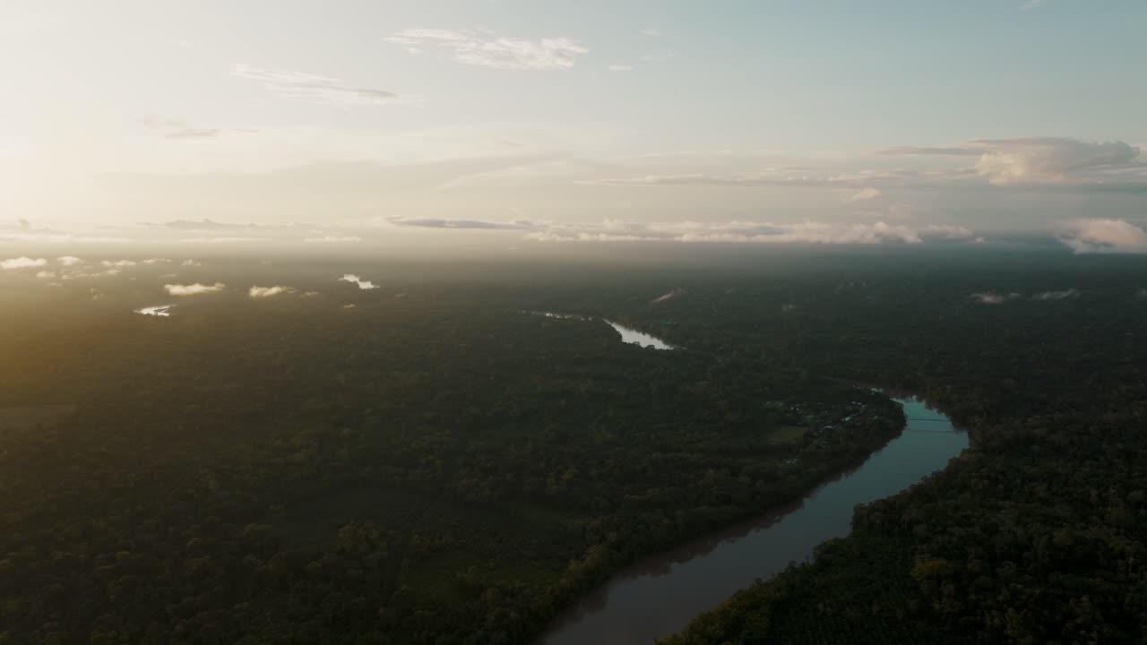 vista del río tropical en medio de densos bosques durante el amanecer en ecuador