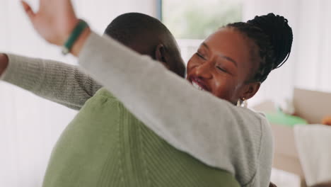 black couple, new home and hug in celebration