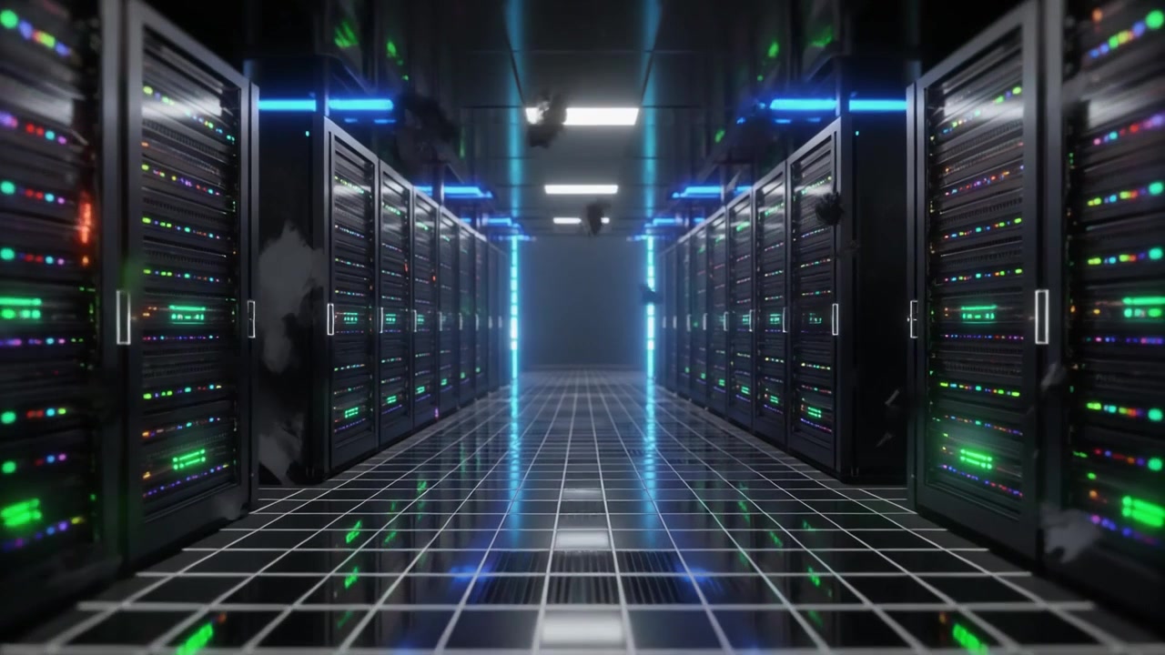 Futuristic Data Center Server Room with Floating Digital Particles