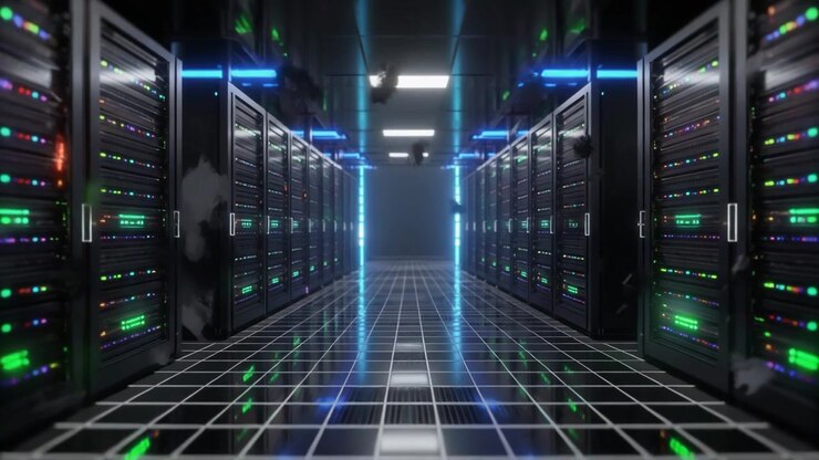 Futuristic Data Center Server Room with Floating Digital Particles