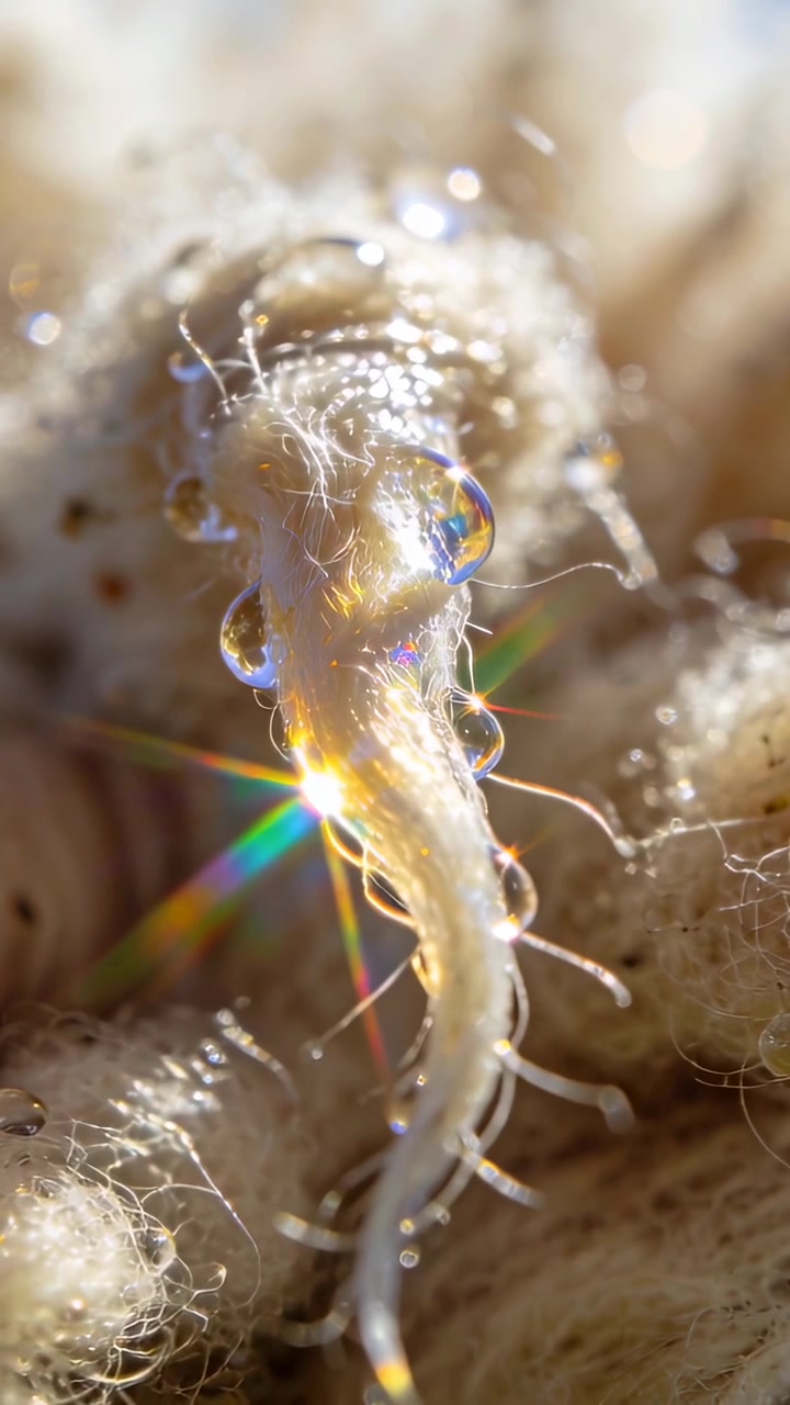 Vídeo vertical: Filamento fino curvando em macro, luz em movimento projetando gotas e explosões de luz.