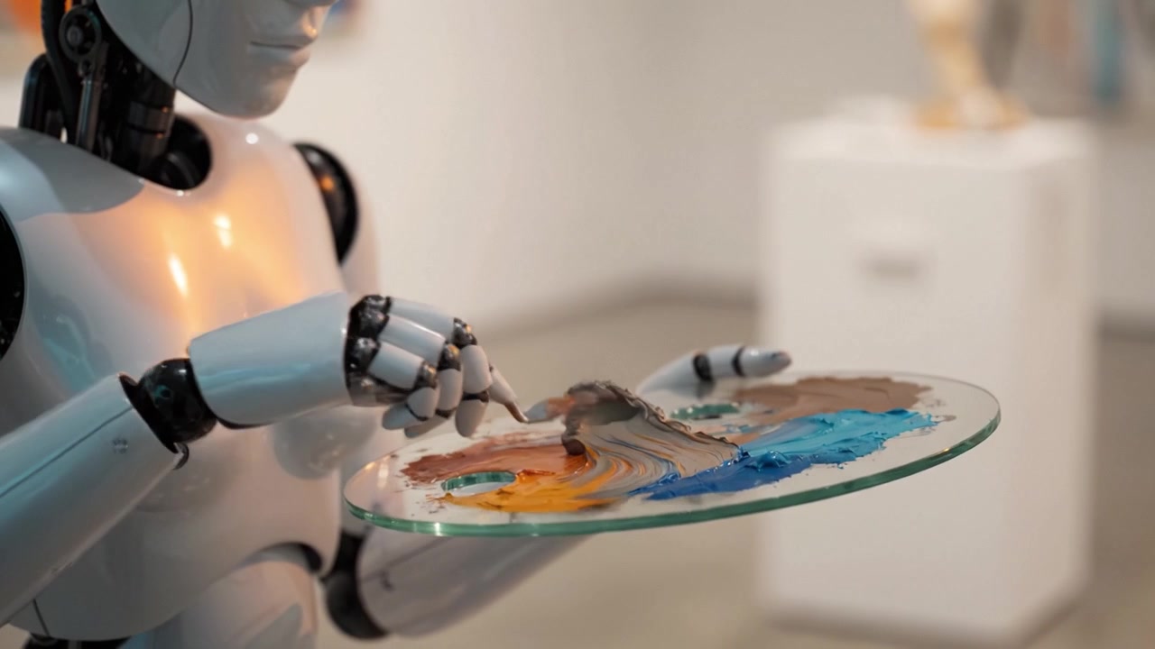 En humanoid robotkunstner skaber dygtigt en levende farvepalet, der viser skæringspunktet mellem teknologi og kreativitet i et moderne kunstmiljø