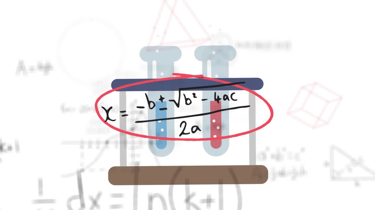 Various mathematical formulae and red geometric shapes moving around on a black background