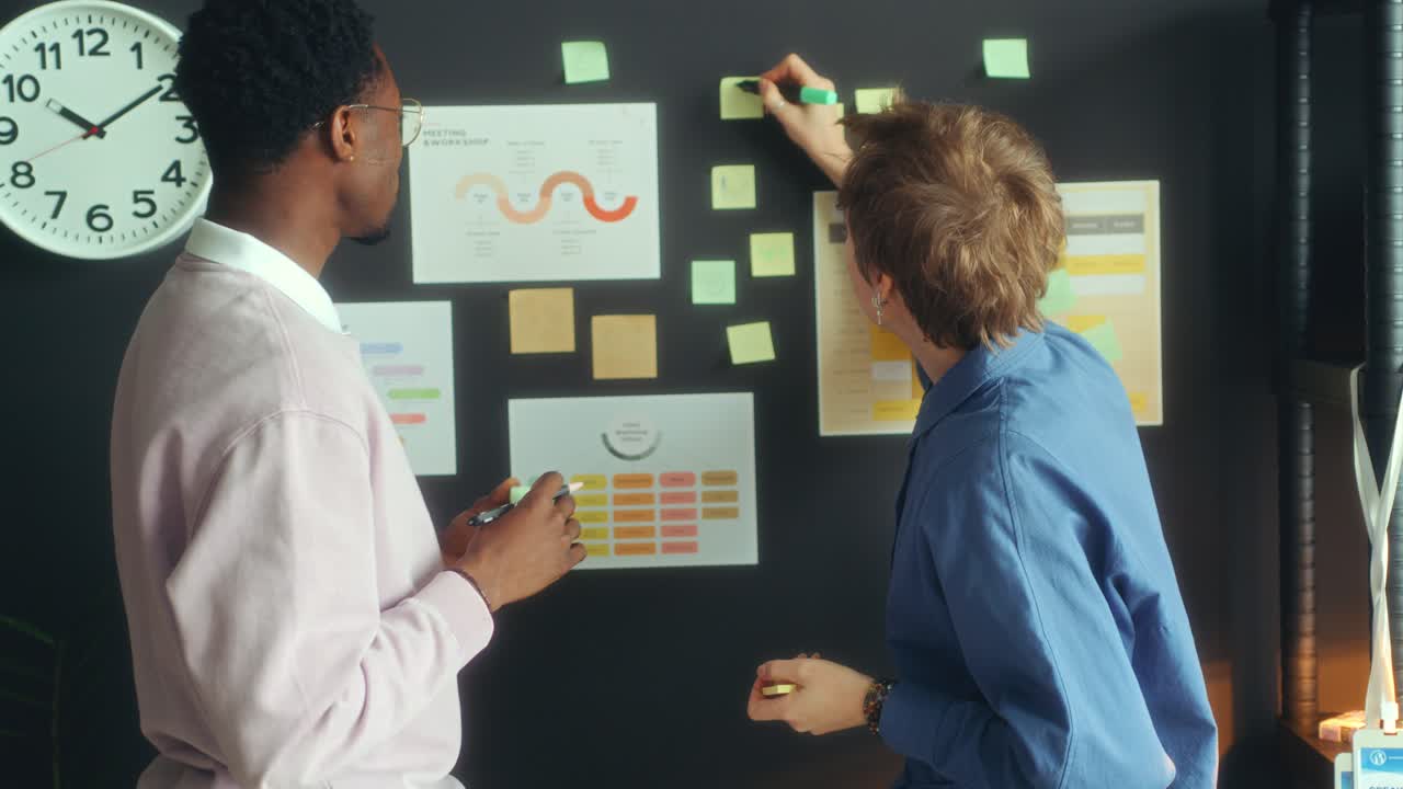 Cheerful Colleagues Putting Marks on Sticky Notes and Sharing Ideas
