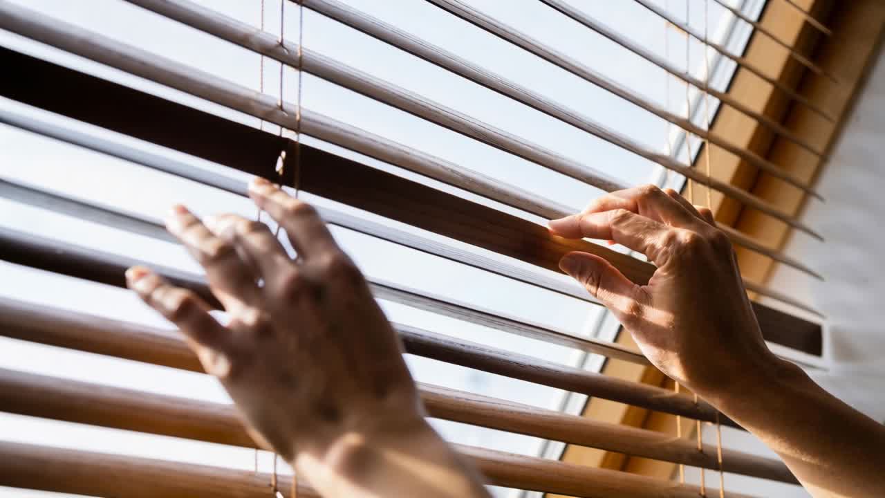 Right hand prying open slat, hands widening gap and adjusting wooden blinds for interior lighting