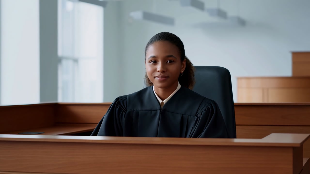 Young Judge Seated Behind Wooden Bench In Courtroom Robe And Case Files Visible Natural Light Solemn
