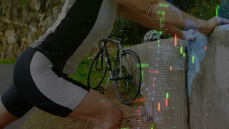 cyclist resting with financial data processing animation over scene