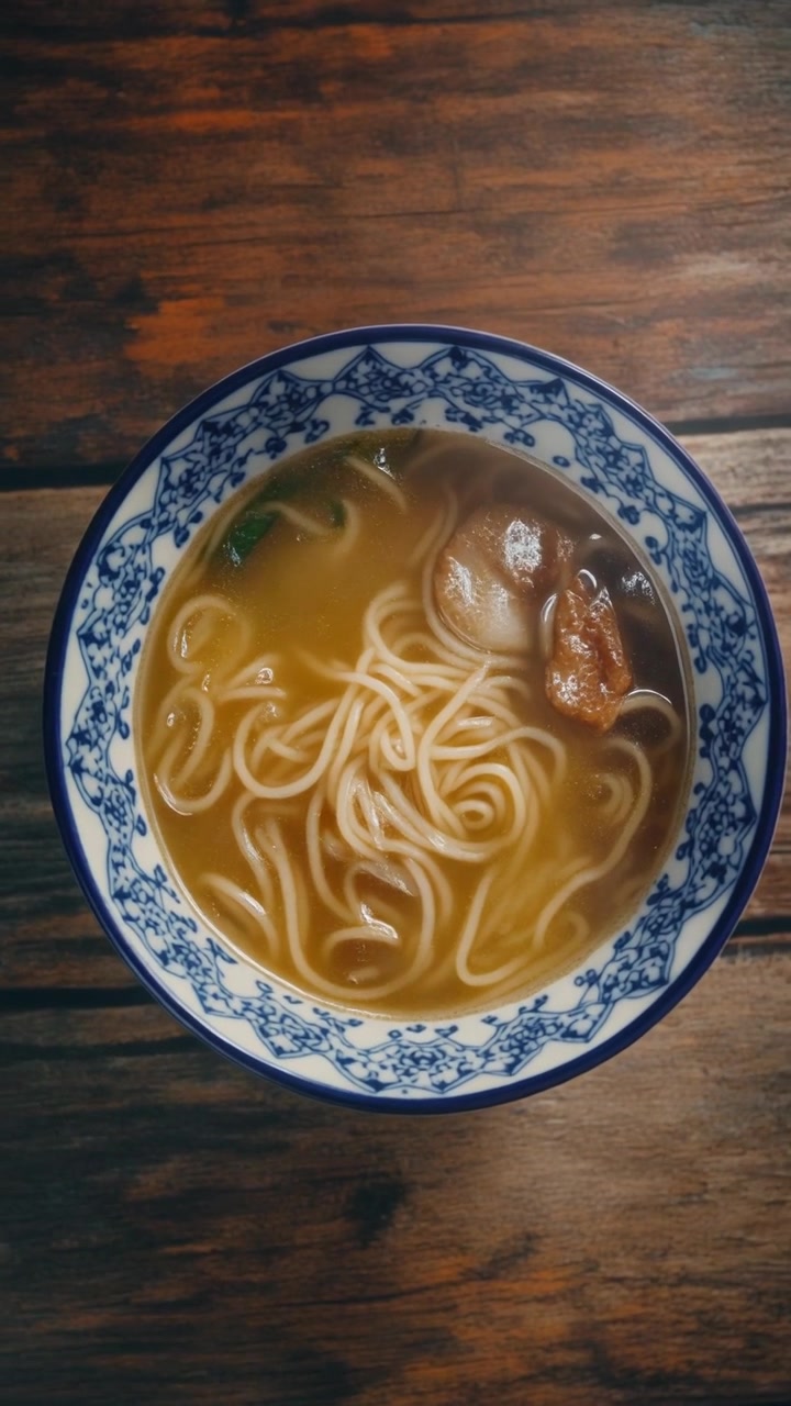 Ciotola di zuppa di noodles calda su un tavolo di legno rustico
