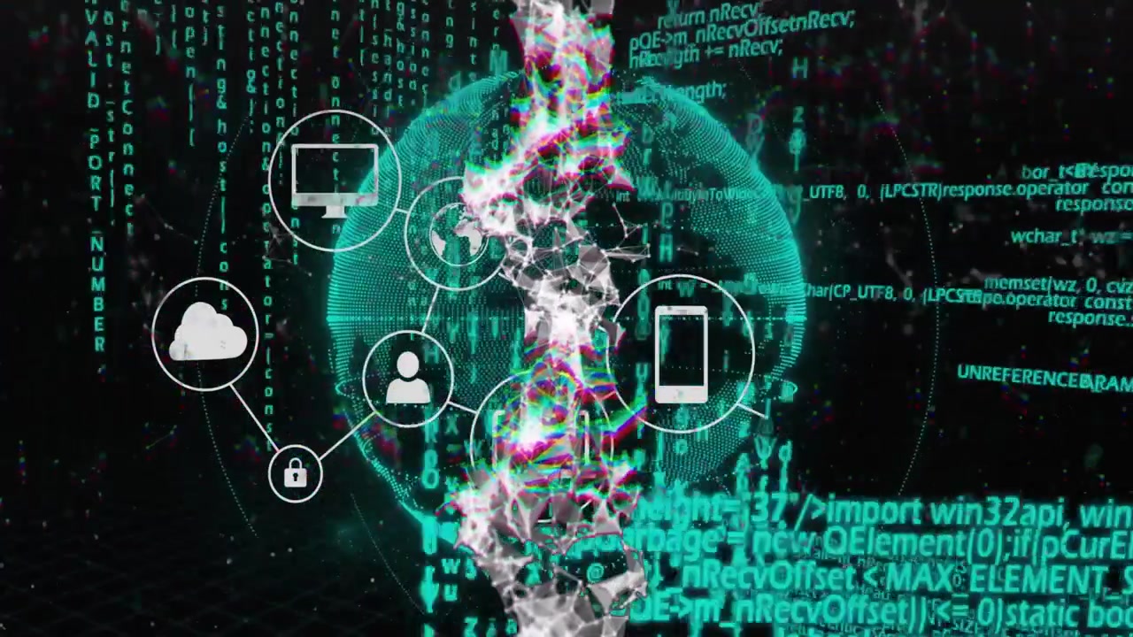 Globe rotating in code initiating cloud icon appearing linking icons to form security network