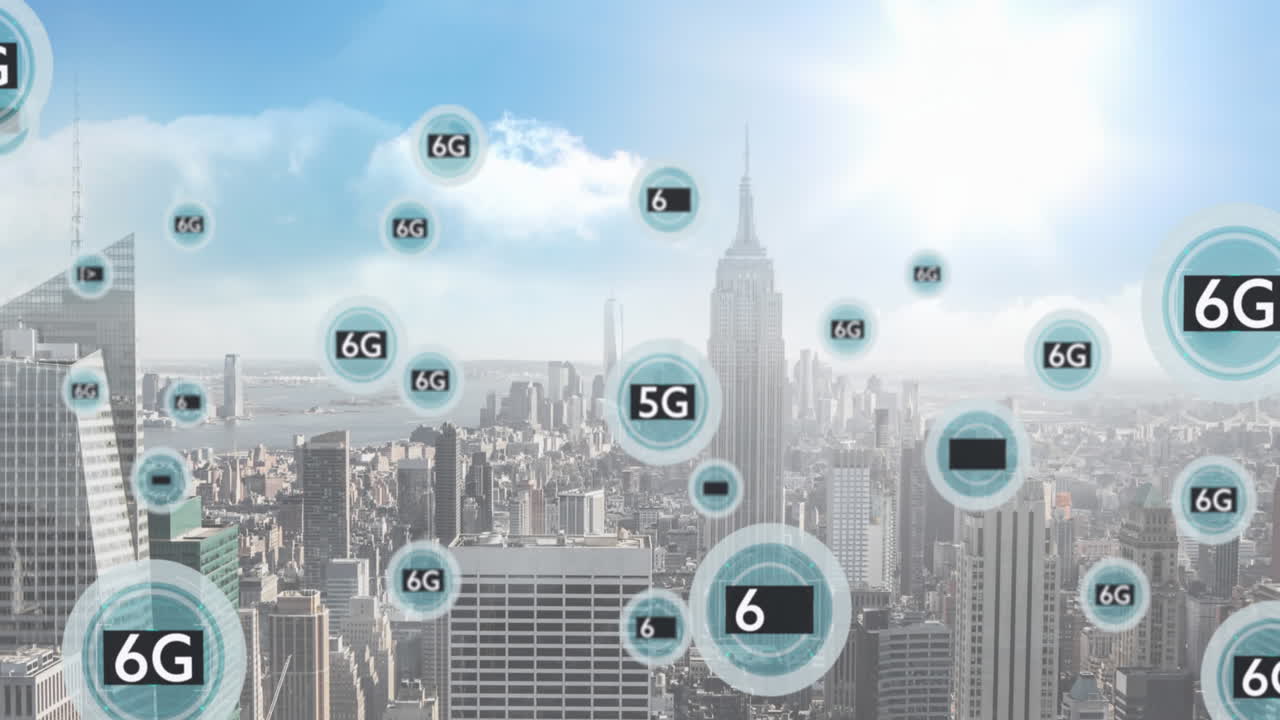 animazione della rete di connessioni con testo 5g su cityscape