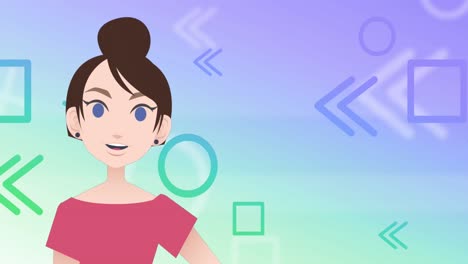 animation of woman icon over shapes on blue background