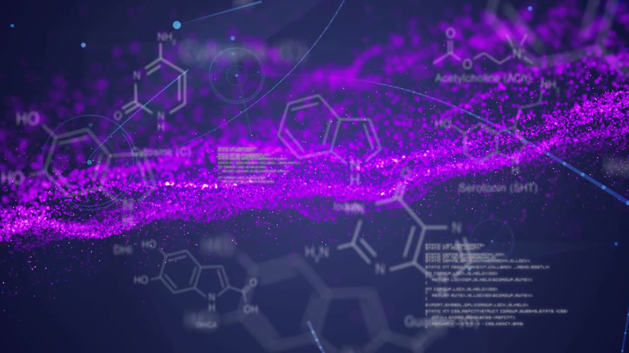 Magenta ribbon appearing, thickening, rising, glowing while nodes linking, showing molecular data
