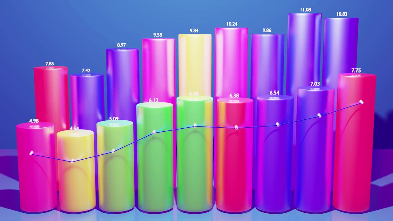 hermoso fondo con infografías abstractas en bucle. barras, contadores y gráficos. concepto de crecimiento, progreso hacia adelante. bg financiero de columnas multicolores y gráficos para programas analíticos