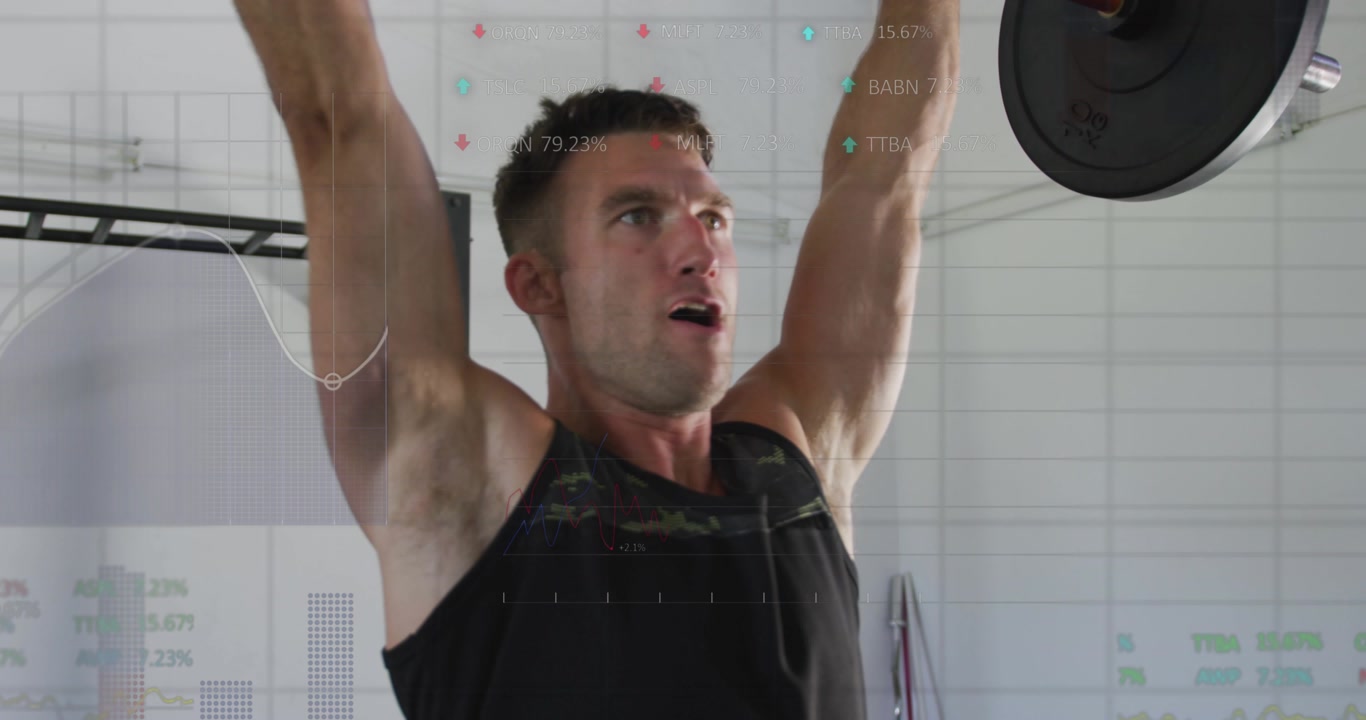 Man bracing core and inhaling, driving red barbell overhead in gym, animated charts tracking power