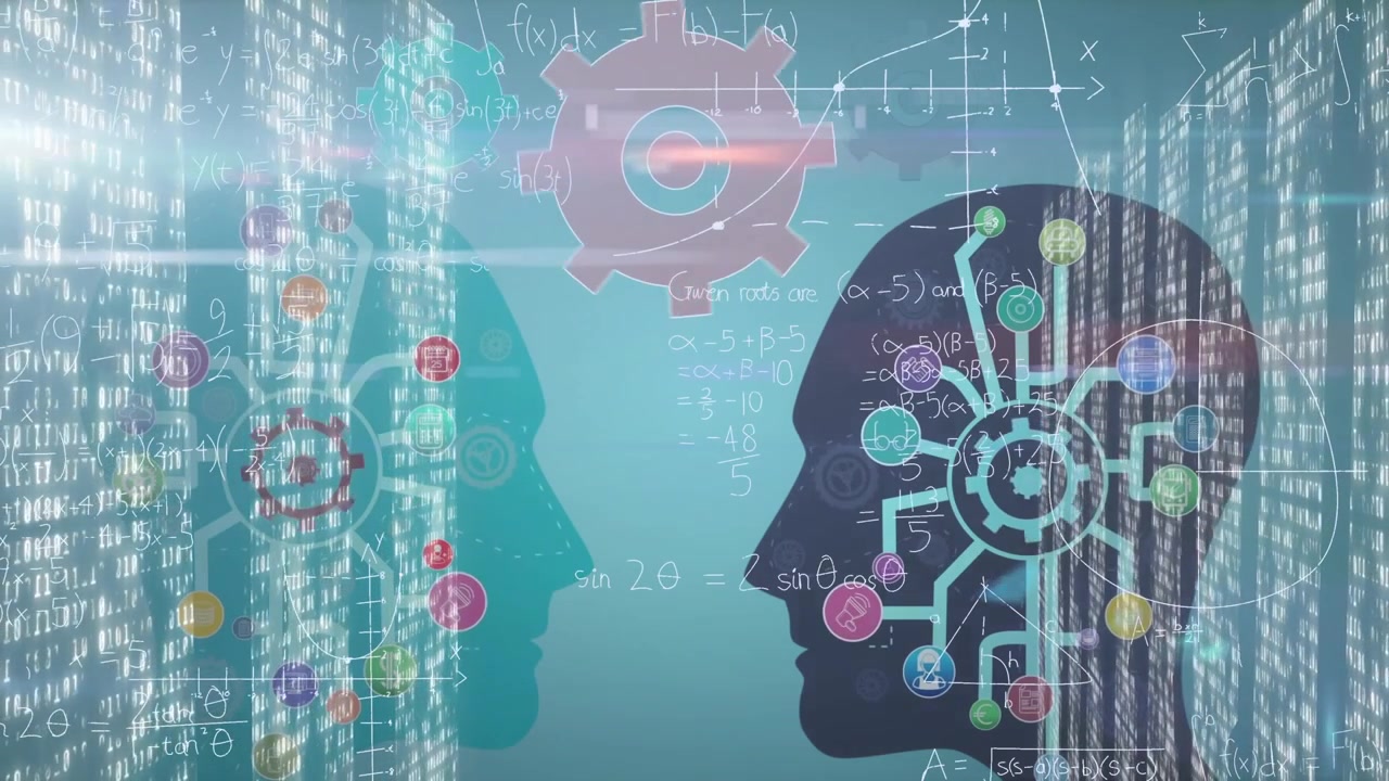Animación de engranajes sobre la silueta de una cabeza humana y columnas en movimiento con ecuaciones matemáticas