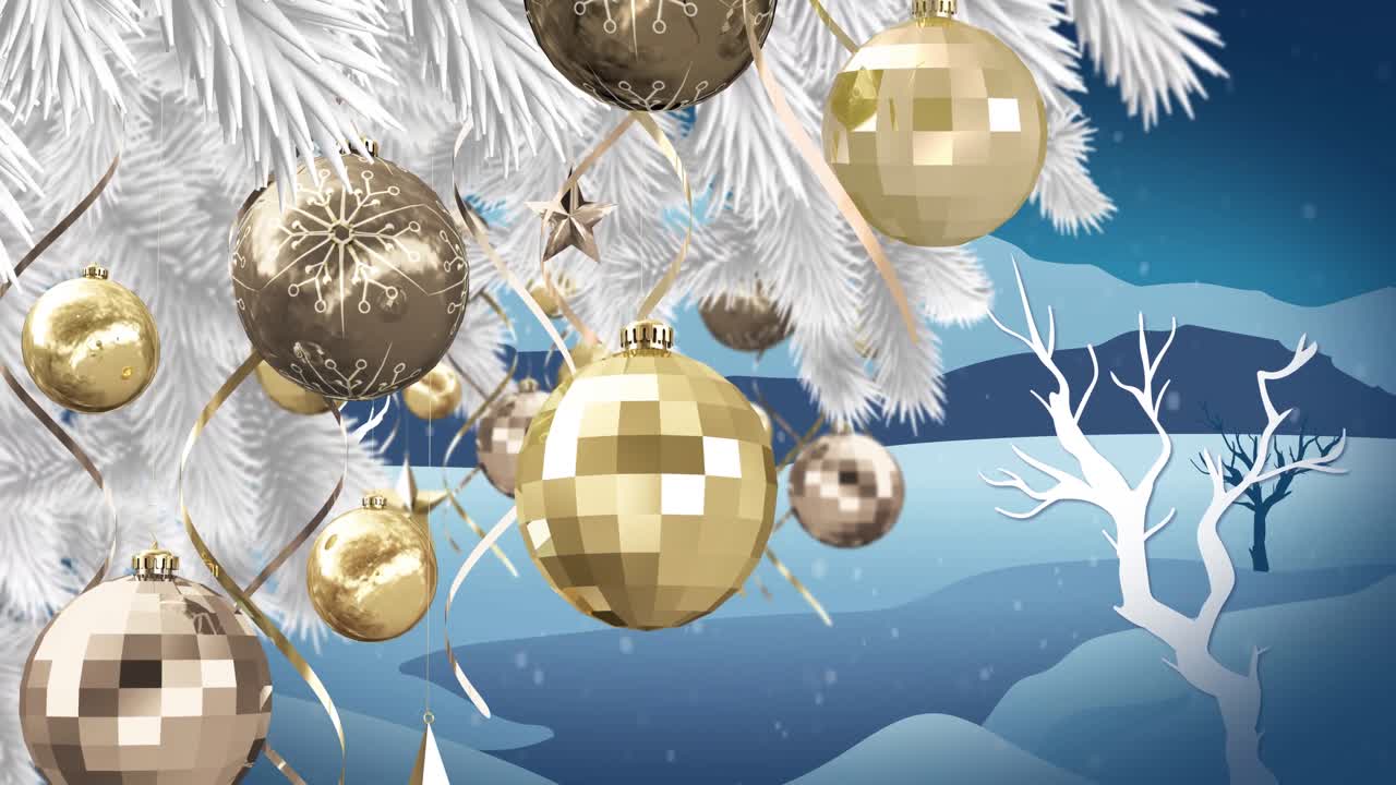 animación de la nieve cayendo sobre la decoración de navidad con bolas