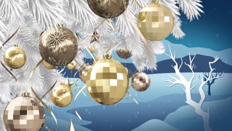 Animation-of-snow-falling-over-christmas-decoration-with-baubles