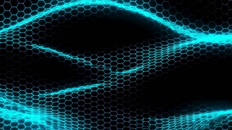 Blue Neon Hex Mesh Wave Animation, Glowing Cyan Lines Ripple Across Black Background, Honeycomb Grid Undulates