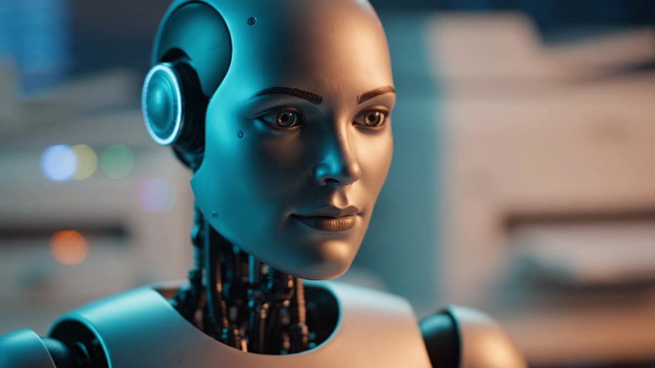Un robot umanoide avanzato intento in una riflessione profonda, che mostra mani e caratteristiche robotiche intricate in un ambiente futuristico e ad alta tecnologia