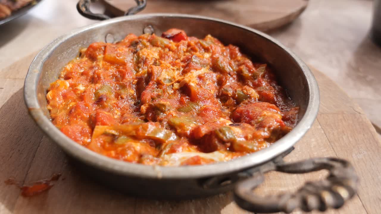 Close-up of Menemen in a Frying Pan