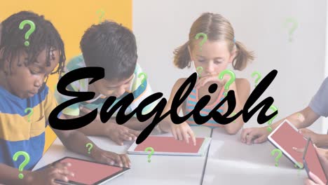 animation of english and green question marks over school children