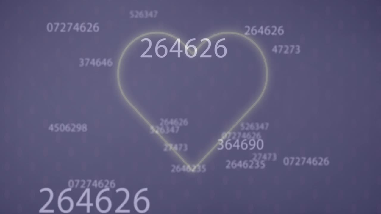 animación de múltiples números cambiantes sobre el icono del corazón brillante contra un fondo púrpura