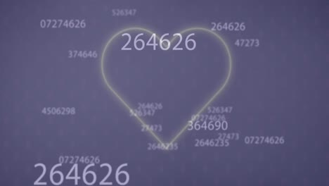 Animation-of-multiple-changing-numbers-over-glowing-heart-icon-against-purple-background