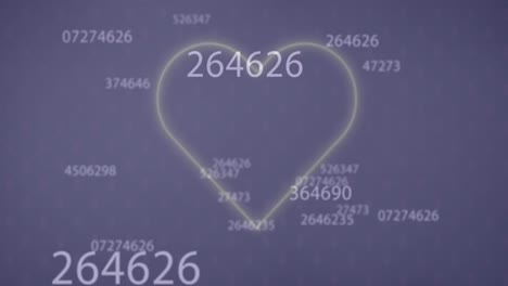 animation of multiple changing numbers over glowing heart icon against purple background