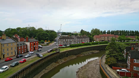 Breathtaking-aerial-drone-footage-displays-Boston,-Lincolnshire:-Port,-ships,-Saint-Botolph-Church-,-Saint-Botolph’s-Bridge