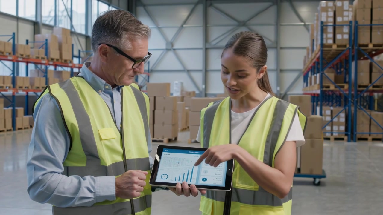 Tapping tablet, manager explaining dashboard at warehouse while trainee responding, with hi-vis