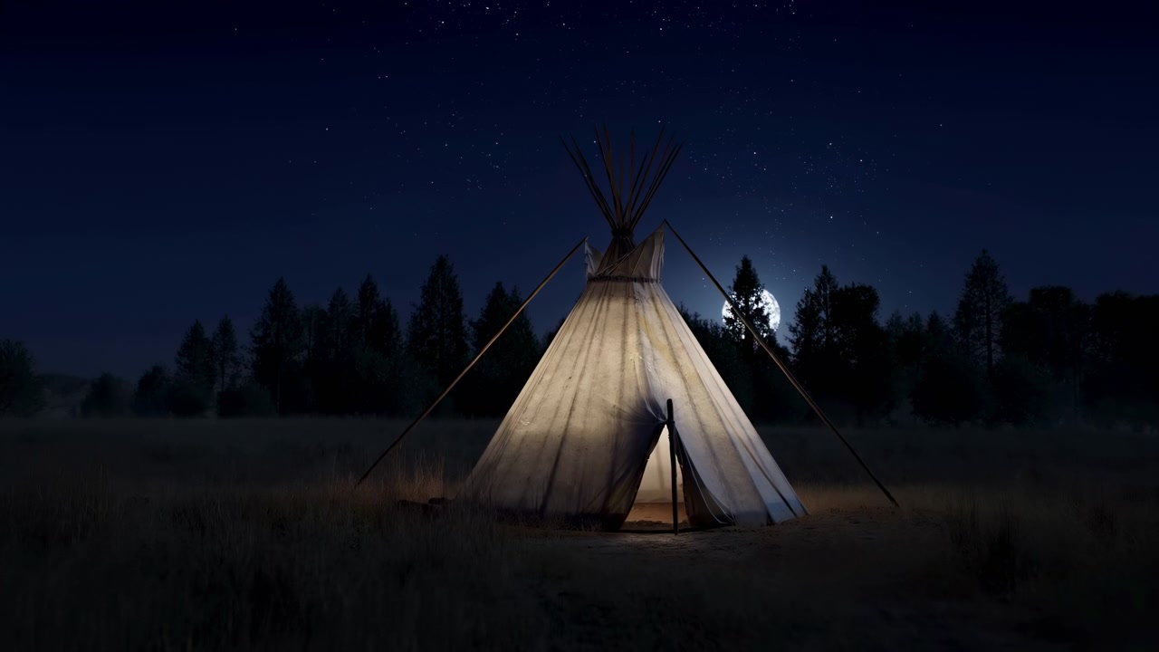 Tipi Iluminado pela Lua Brilhando no Prado, Luz Suave de Lanterna Vazando pela Lona, Silhuetas de Pinheiros Altos.