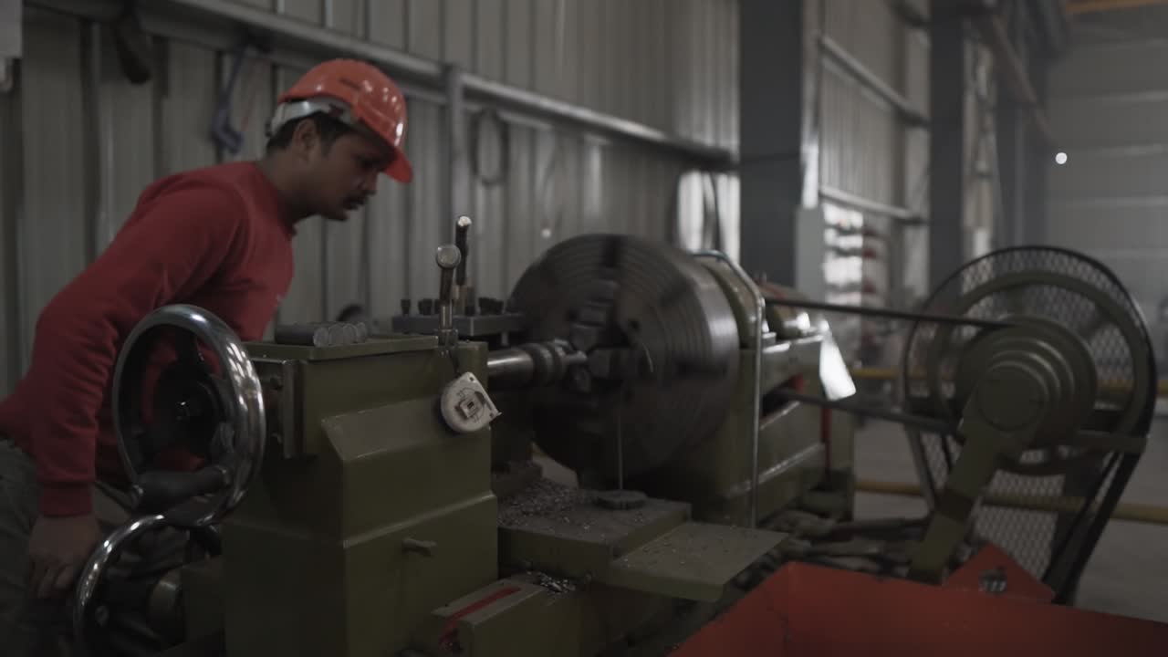 Obrero de fábrica indio programando una máquina CNC; un técnico con casco trabajando en una línea de producción de manufactura mecánica en Asia