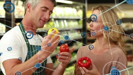 animation of connected icons, caucasian man discussing about bell peppers with woman