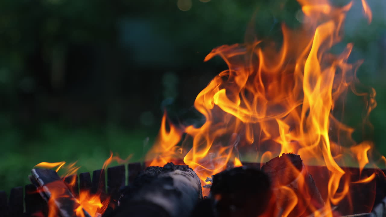 Fire flame on blur nature background. Motion of vivid fire tongues. Beautiful orange flame of fire. Slow motion
