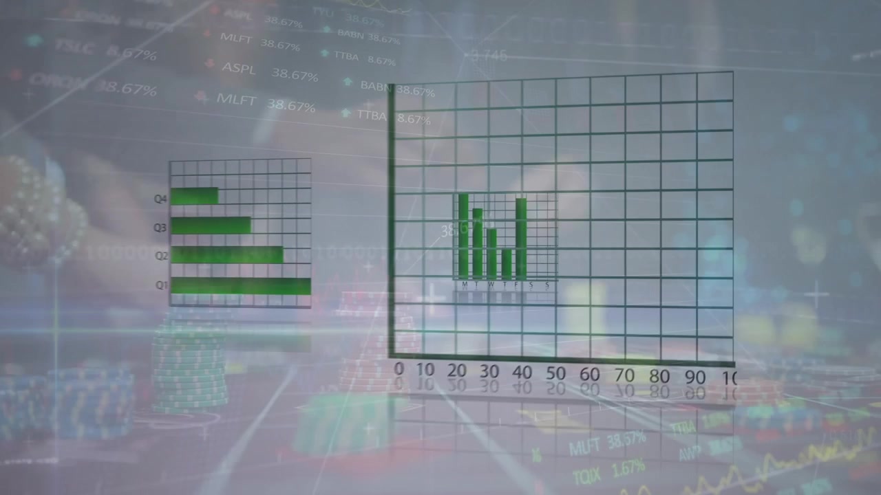 Animatie van grafieken en financiële gegevens over de handen van mensen die poker spelen.