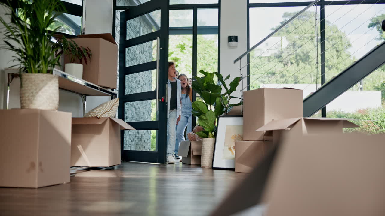 Children, new house and front door for moving