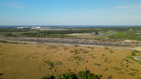 Aerial-view-of-containers-in-Gdansk-cargo-terminal,-Poland-daytime